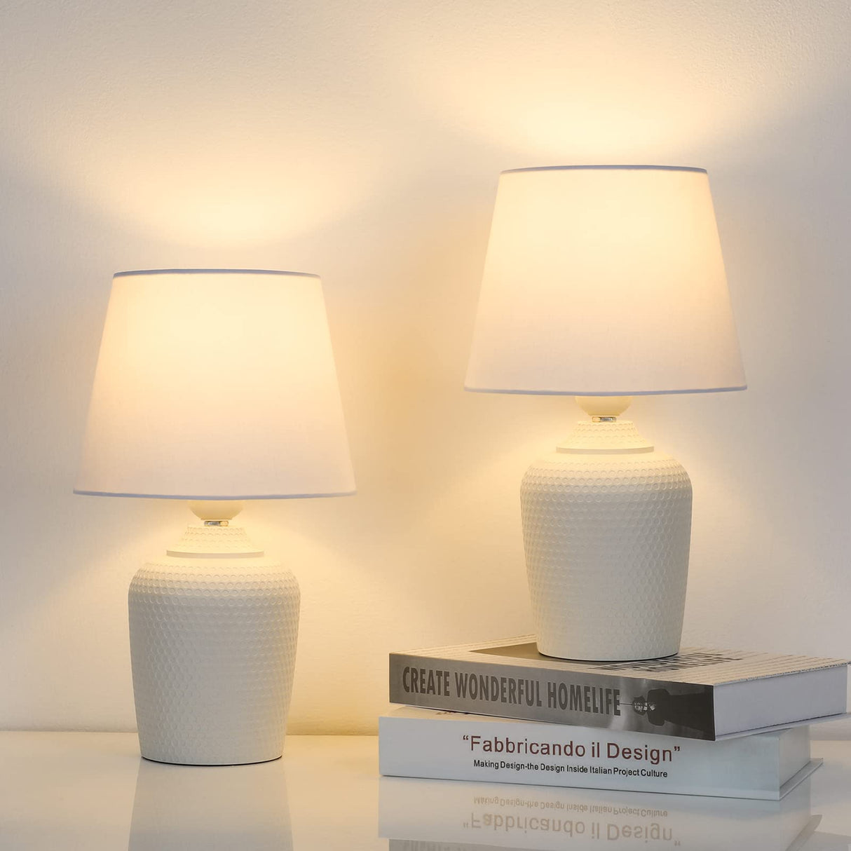 Sucolite Small Table Lamps Set of 2, Bedside Nightstand Lamps for Bedroom Kid’s Room, Cute Desk Lamps with Studded Texture Base for Reading Nursery Living Room Office, White Sucolite