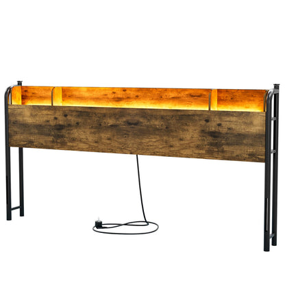 IKIFLY King Size Rustic Brown Storage Headboard with Charging Station & LED Lights - WoodArtSupply