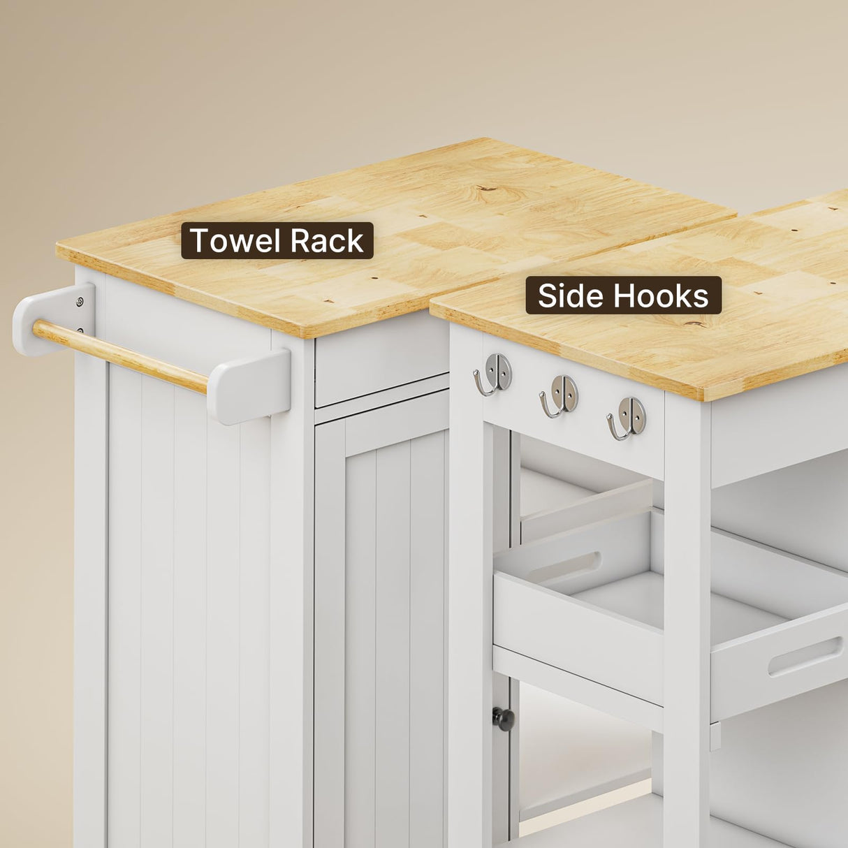 Gizoon Kitchen Island Cart with Removable Tray, 27.6''W Rolling Utility Trolley Cart with Drawer, Cabinet, Towel Rack, Hooks and 3 Open Storage Shelves, Mobile Storage Cart for Dining Room, Bar, White Gizoon