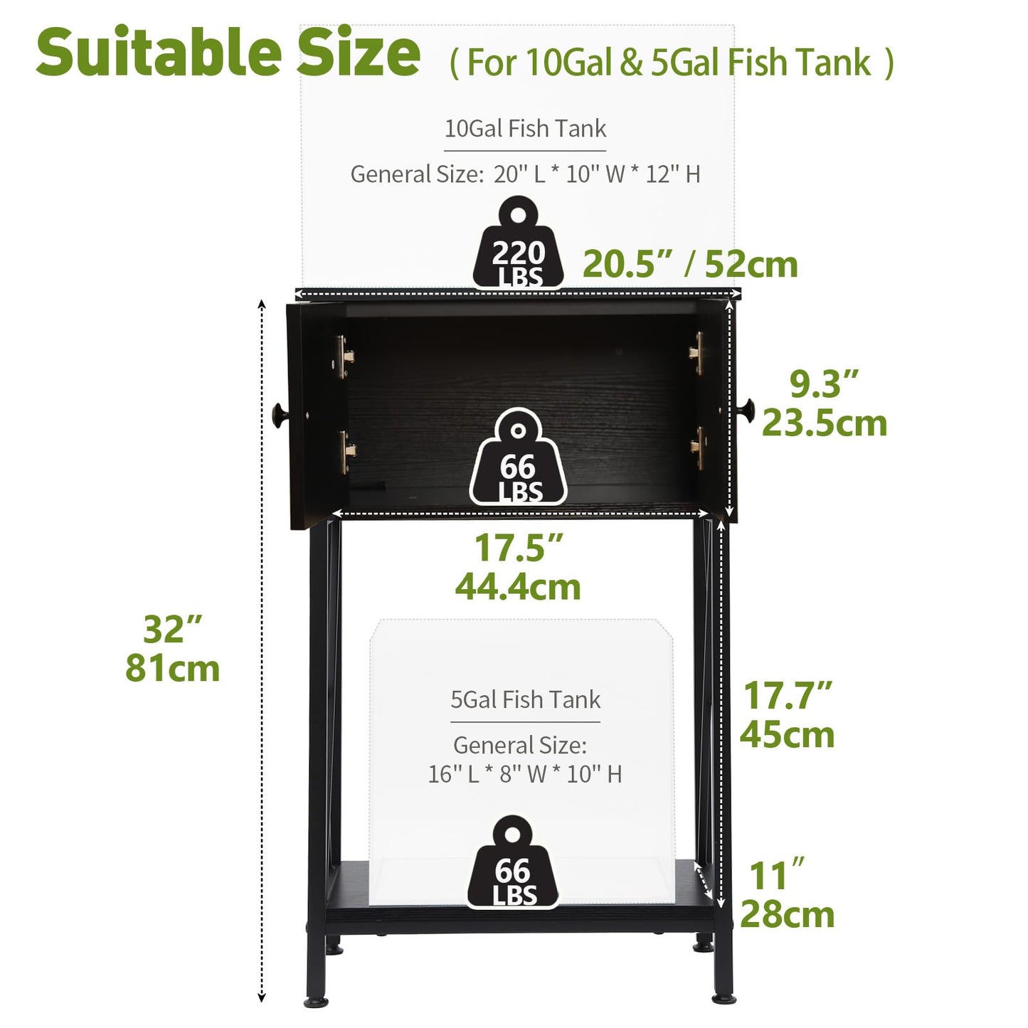 LAQUAL 10 Gallon Fish Tank Stand with Cabinet, Double Aquarium Stand for 10 & 5 Gallon Fish Tank, Heavy Metal Stand with Stable Structure, Adjustable Table Feet & Anti-tilt Device - Black