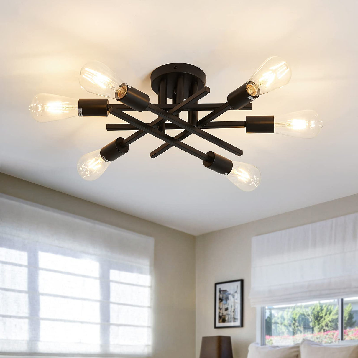 ASGYISA Semi Flush Mount Modern Ceiling Light Fixture， 6 Lights Black Vintage Matte Sputnik Chandelier Ceiling Lamp with E26 Bulb Base for Farmhouse Dining Room Living Room Bedroom Study Kitchen ASGYISA