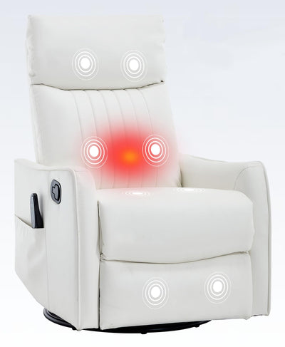 PELUMY Recliner Chair Swivel Rocking with Heat Massage - 360° Manual Recliner, 8-Point Vibrating & Lumbar Heat, Easy Assembly Chair for Living Room (Breathable Leather, White)