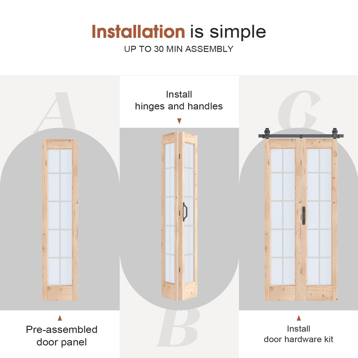 Preassembled Bifold Barn Door 36 x 84 in (Double 18x84in) with Bi-fold Door Hardware Kit, Frosted Glass Cross Transparent, Pre-Drilled Holes, Wood Door Slat, Fit 36in Opening CEAKIAN