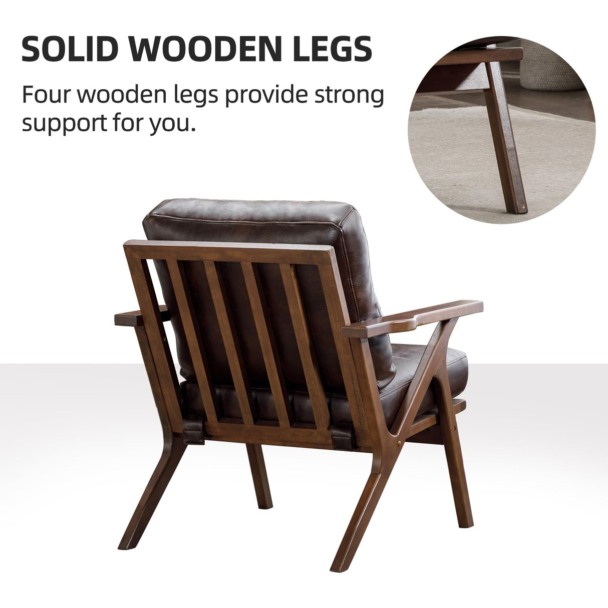 INZOY Mid-Century Modern Accent Chair with Wood Frame, PU Leather Living Room Chair and Soft Thick Padded Armchair for Living Room Bedroom Reception with Removable Upholstered Cushions, Brown INZOY