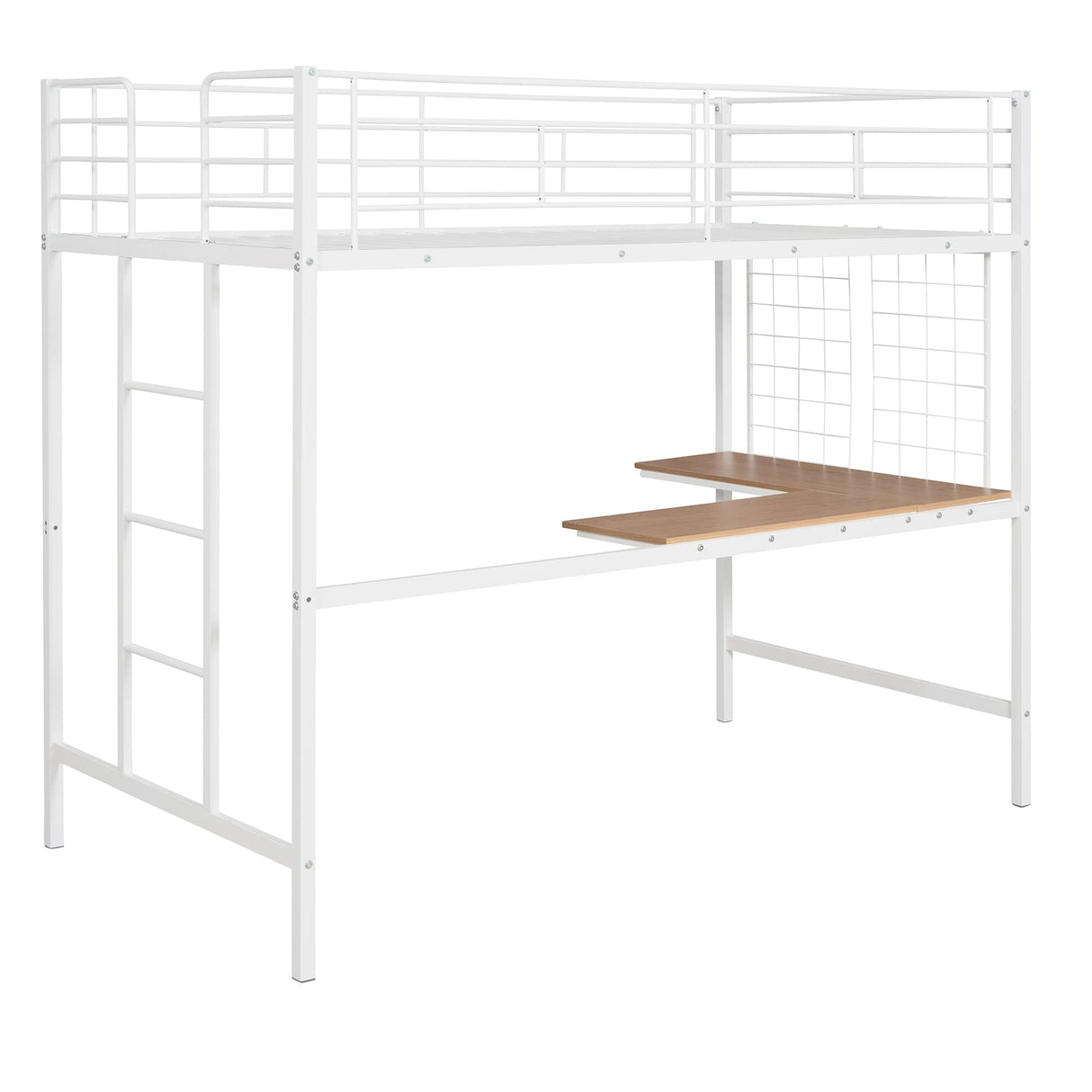 Twin Size Loft Bed with Desk and Metal Grid, Metal Loft Bed Twin with Safety Guardrails and Ladders, High Loft Bed Frame for Teens, Adults, No Box Spring Needed (Twin, White) Harper & Bright Designs