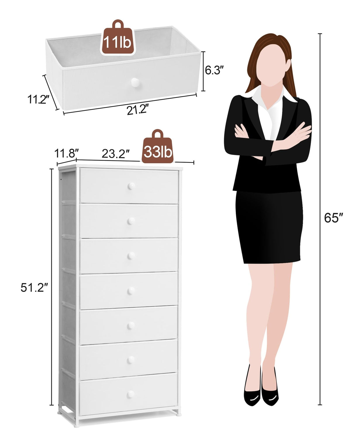 Crestlive Products Tall Dresser, 7-Drawer Wide Fabirc Storage Tower, Chests of Drawers - Vertical Organizer Unit for Bedroom, Hallway, Entryway, Nursery, Wood Top, Closets with Handles (White) Crestlive Products