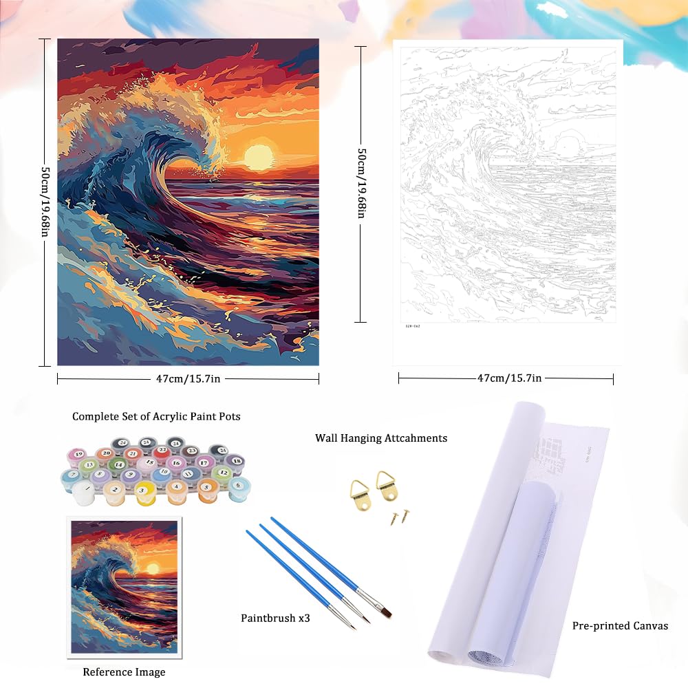 Natuyalo Paint by Numbers for Adults - DIY Adult Paint by Number Kits Painting on Canvas Sea Wave Painting by Numbers for Beginners, Sunset Seascape Art Craft Kits for Adults (16x20 Inch) Natuyalo