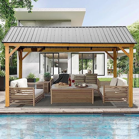 Domi 12' x 14' Hardtop Gazebo with Galvanized Steel Gable Roof, Pergola with Wood-looking Aluminum Frame, Permanent Pavilion Outdoor Gazebo with Ceiling Hook for Deck Patio Lawn Yard Backyard Grill domi outdoor living