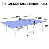 9Ft Mid-Size Table Tennis Table Foldable & Portable Professional MDF Ping Pong Table Set for Indoor Games Quick Clamp Ping Pong with Net, 2 Table Tennis Paddles and 3 Balls Blue Hipicute