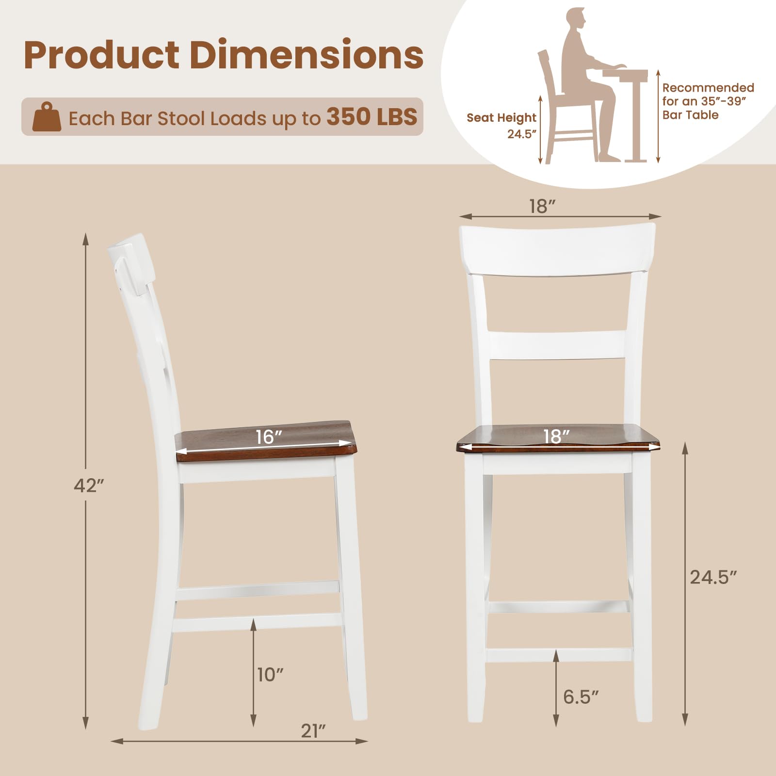 Giantex 24.5" Wooden Bar Stools Set of 2 - Farmhouse Style Rubber Wood Dining Chairs with Backrest & Footrest - WoodArtSupply