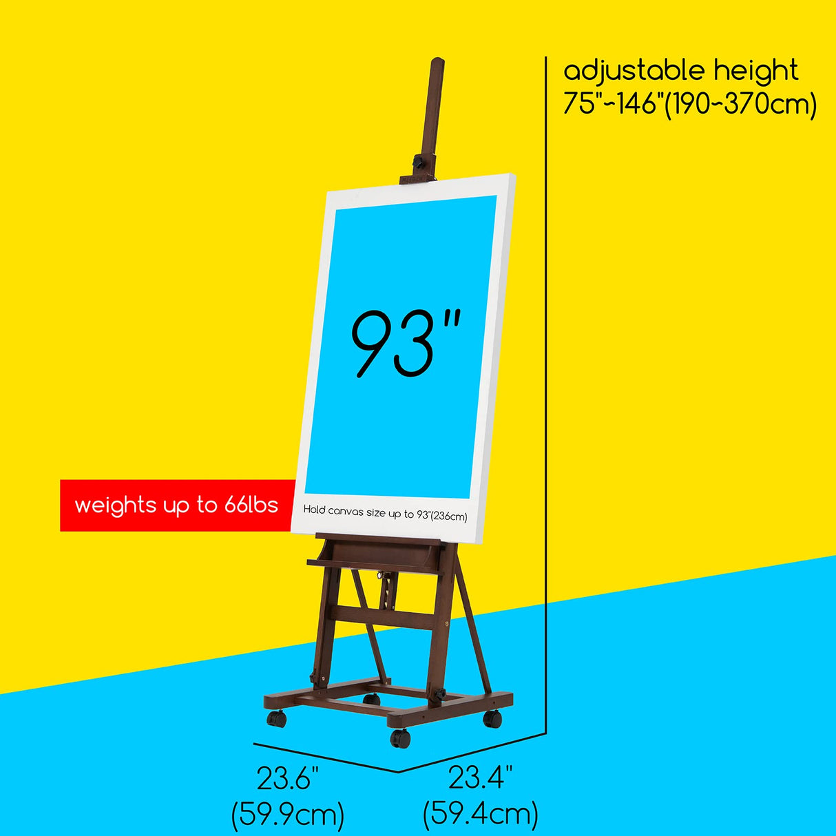 MEEDEN Extra Large Studio H Frame Easel 75" to 146"H, Hold Canvas up to 93", Heavy Duty Adjustable Art Painting Easel, Solid Beech Wood Artist Easel Stand with Storage Tray & 4 Wheels, Light Walnut MEEDEN