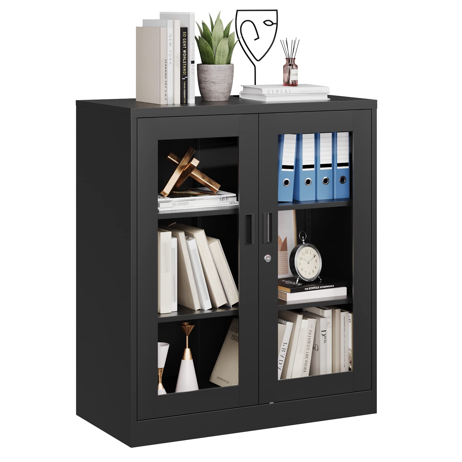 MIIIKO Metal Storage Cabinet with Glass Doors, Counter High Display Cabinet with 2 Adjustable Shelves and Tempered Glass Doors, Locking Small Display Cabinet… - WoodArtSupply