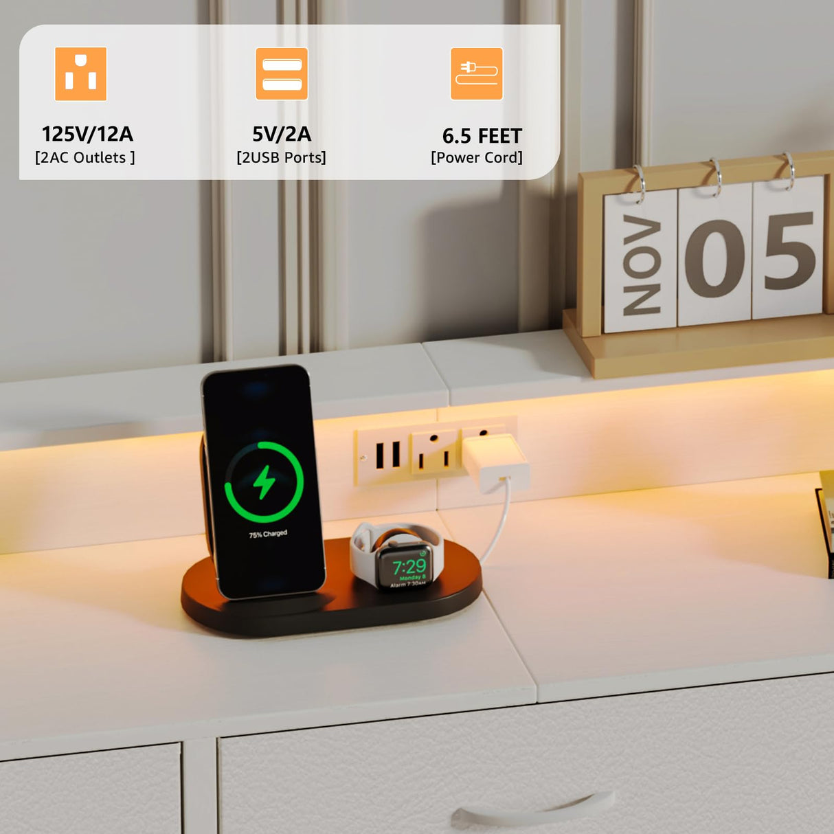 WODRAWER White Dresser for Bedroom with 9 Drawers, Long Dresser TV Stand with LED Lights & Charging Station, Fabric Chests of Drawers for Closet Entryway Living Room WODRAWER