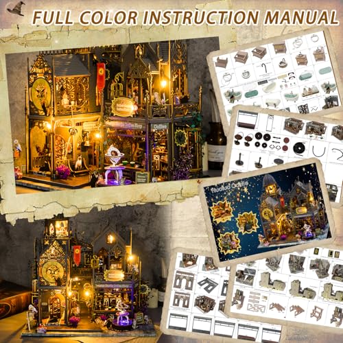 Mostop DIY Miniature House Kit: 3D Wooden Puzzle for Adults Miniature Kit, Magic Castle Tiny Model Dollhouse Kit with LED Light, Mini House Building for Adults & Teens, Creative Crafts for Women