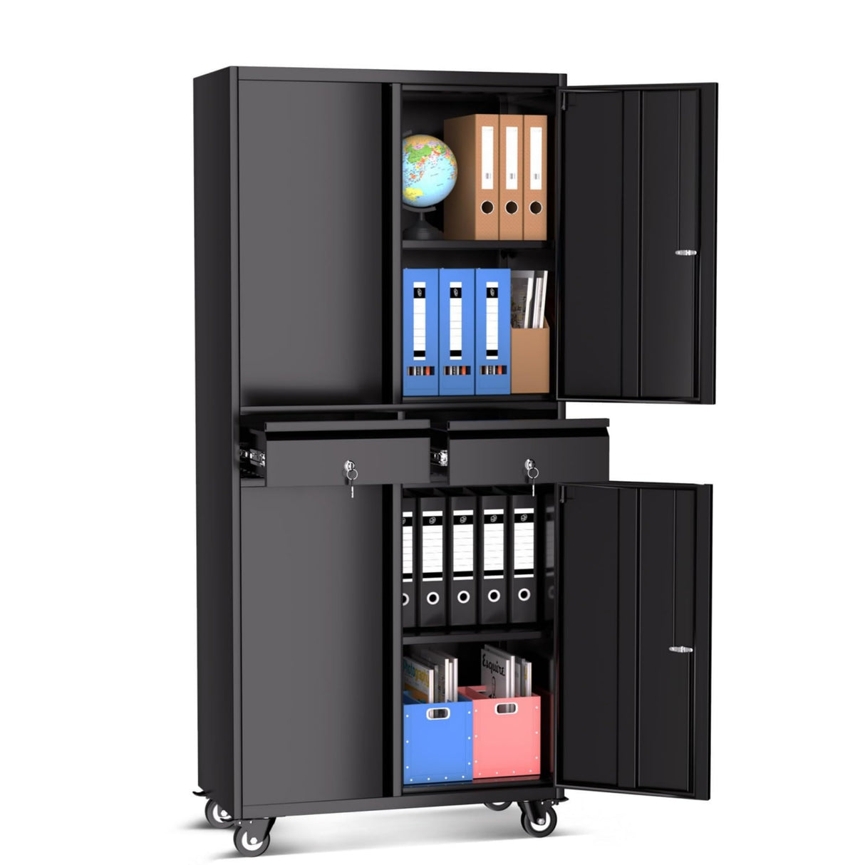 EcoSummer Metal Storage Cabinet, 73''with Wheels, Lockable Doors, 2 Drawers, and Adjustable Shelves for Garage, Workshop, or Office - Black EcoSummer