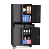 EcoSummer Metal Storage Cabinet, 73''with Wheels, Lockable Doors, 2 Drawers, and Adjustable Shelves for Garage, Workshop, or Office - Black EcoSummer