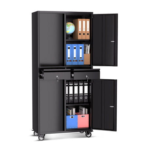 EcoSummer Metal Storage Cabinet, 73''with Wheels, Lockable Doors, 2 Drawers, and Adjustable Shelves for Garage, Workshop, or Office - Black EcoSummer