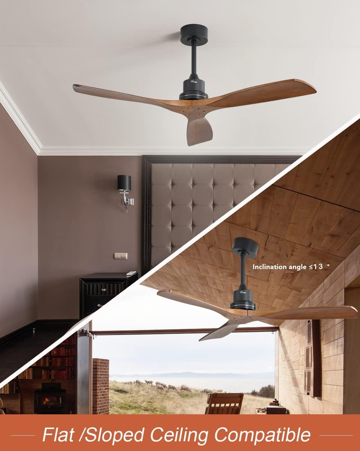 Sofucor 52 Inch Solid Wood Ceiling Fan without Light 3 Blades Ceiling Fan No Light with Remote, 6 Speeds with Reversible DC Motor for Living Room Bedroom Patio With Cover Sofucor