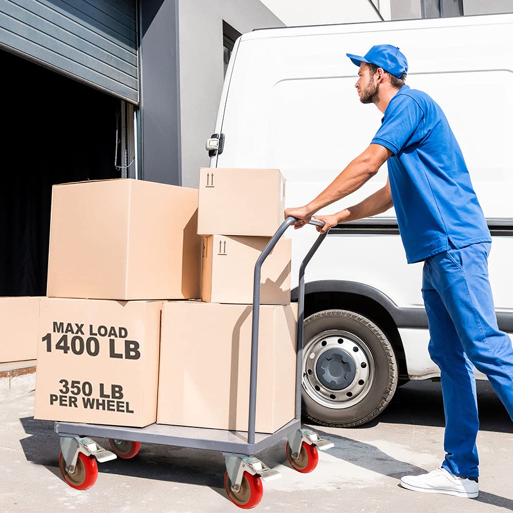 8 Pack 5 Inch Combo Caster Swivel Plate 4 w/Brake & 4 Plate Heavy Duty on Red PU Wheels with Heavy Duty Screws FactorDuty