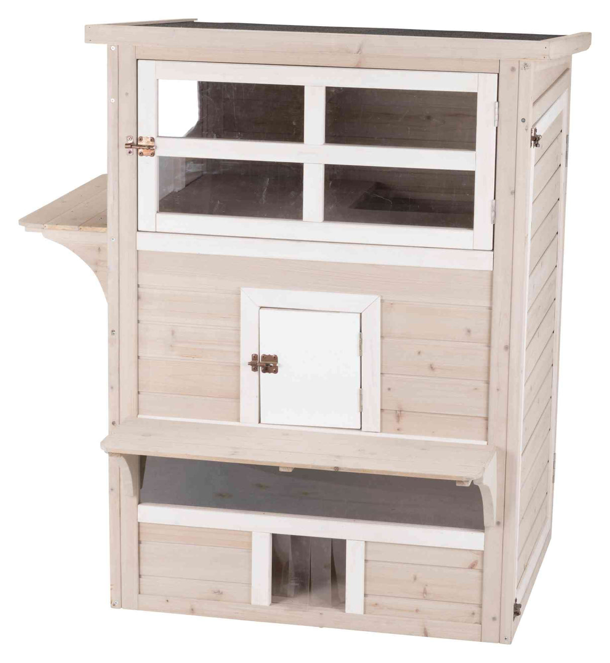 TRIXIE Outdoor Cat House, Weatherproof 3-Story Cat House with Multiple Levels, Doors & Windows with Latches, Outdoor Shelter for Cats, Brown/White Fir Wood TRIXIE