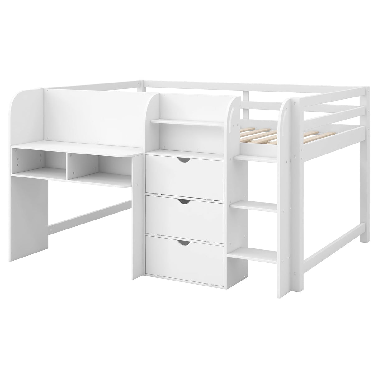 SOFTSEA Full Size Low Loft Bed with Desk & Storage, Solid Wood Loft Bed with Drop-Down Cabinets, Open Shelves & Whiteboard for Kids Juniors Boys Girls, White SOFTSEA