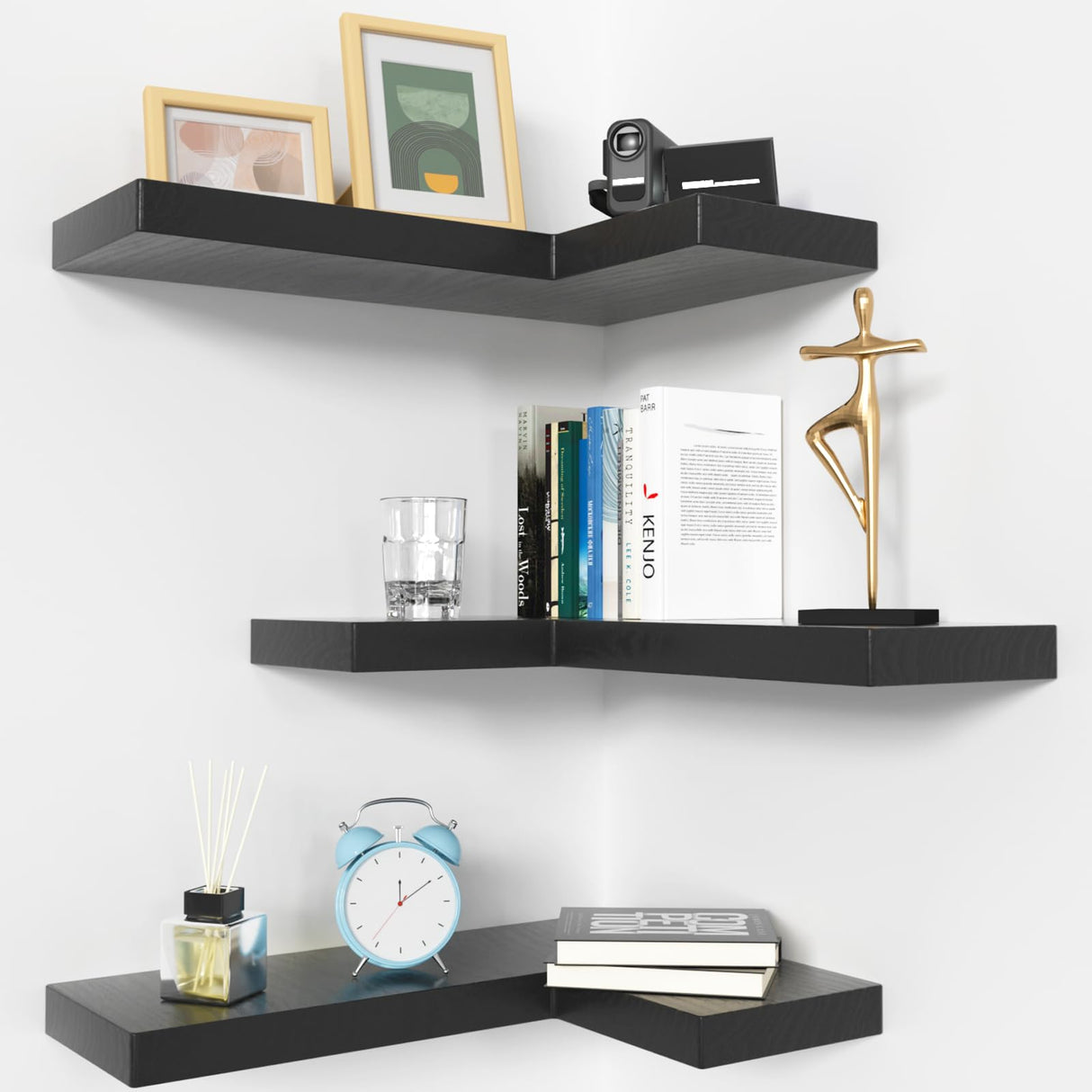 NATURE'S SOURCE Corner Floating Shelves with Invisible Brackets, Corner Shelves Wall Mounted Set of 3, Bedroom Bathroom Kitchen Living Room Office- Gothic Style 17" x 6" (Black) NATURE'S SOURCE