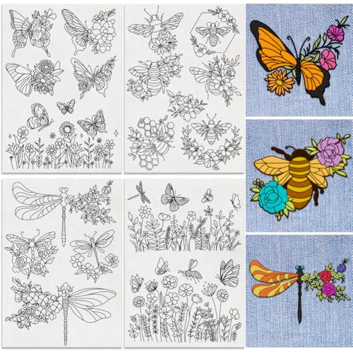 18Pcs Insects Flying in Flowers Embroidery Pattern Stabilizers, 8.3"x11.7" Butterfly Dragonfly Bee Water Soluble Stick and Stitch Embroidery Sticker, 4 Sheets Hand Sewing DIY Embroidery Paper