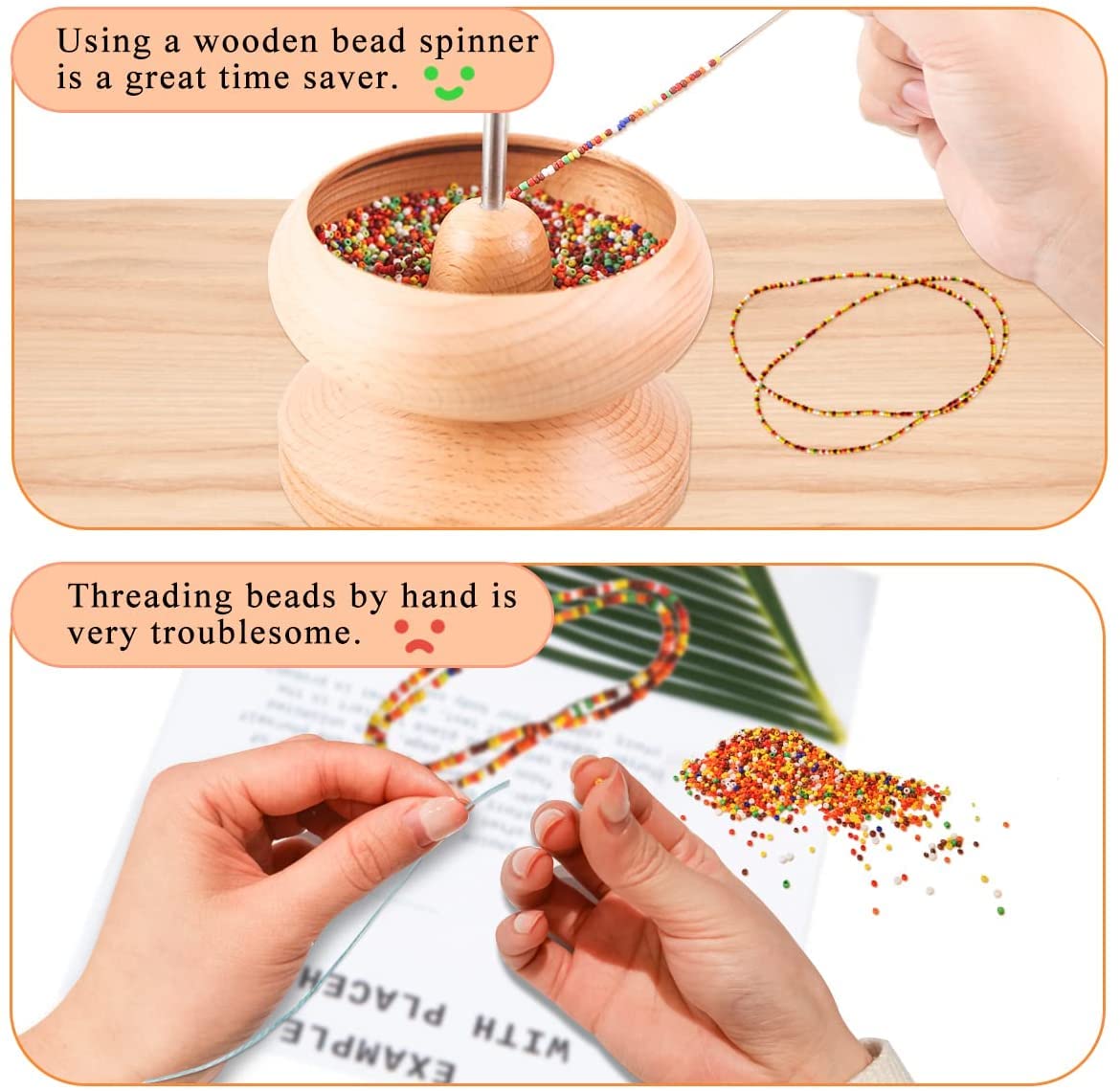hobbyworker Upgrade Wooden Bead Spinner with 2 Pcs Big Needles,8000 Pcs Seed Beads and 1 Surprise Gift Pack for Jewelry Making Tools,Quickly Stringing Beads Tool, Manual Operated hobbyworker