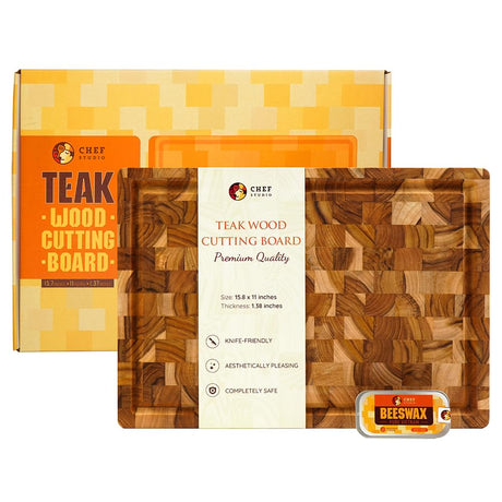 Chef Studio Large Teak Wood Cutting Board, End Grain Butcher Block Cutting Board For Kitchen, Big Wooden Kitchen Carving Chopping Boards, Juice Groove, Reversible, Hand Grips, Size 15.8x11x1.37 inch Chef Studio