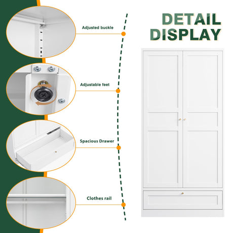 Letaya Wardrobe Closet,72" H Clothing Metal Storage Cabinet with Storage Drawer Adjustable Shelves and Hanging Rod,Bedroom Armoire Cabinet Clothes Organizer (White) Letaya