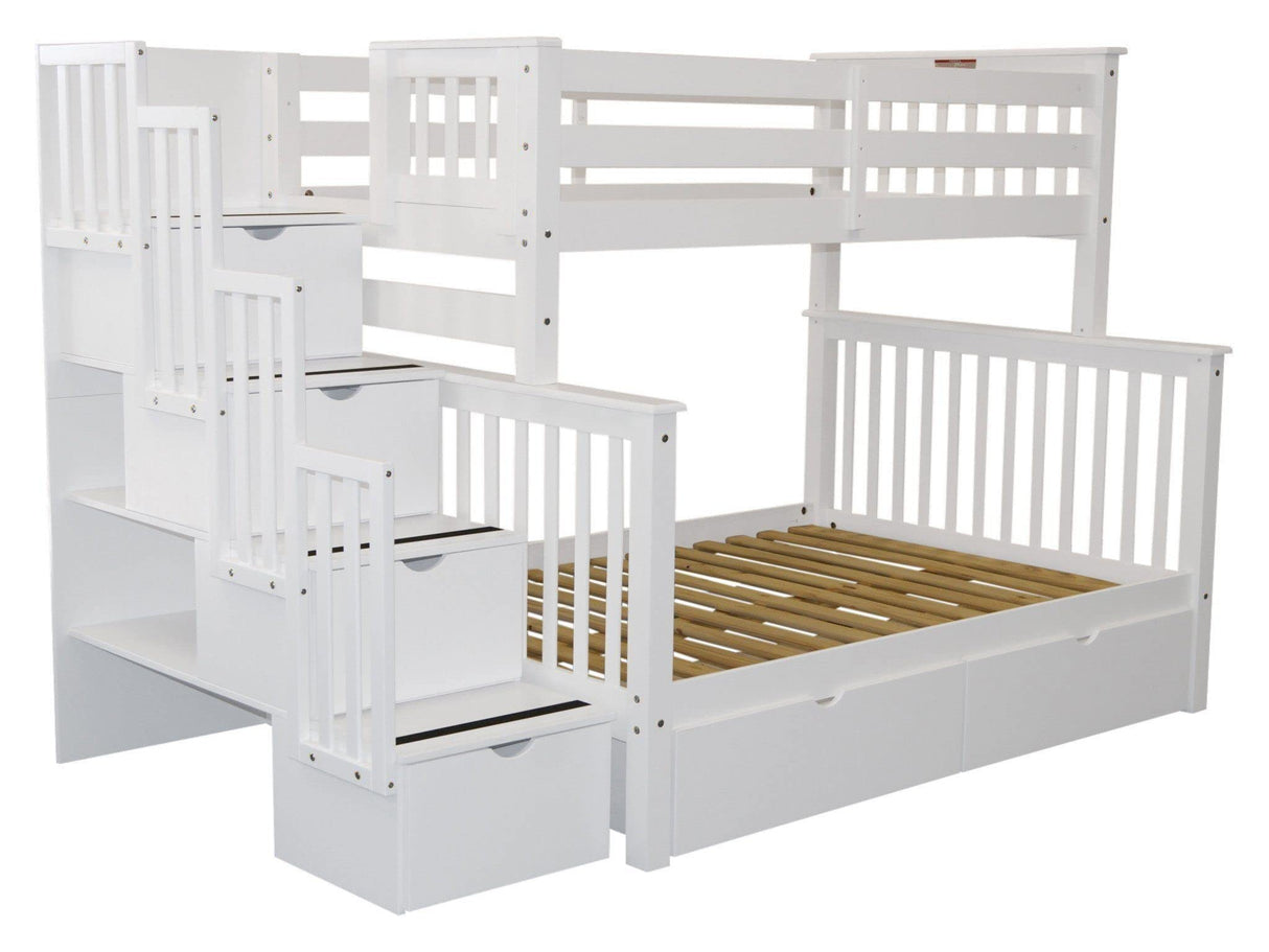 Bedz King Stairway Bunk Beds Twin over Full with 4 Drawers in the Steps and 2 Under Bed Drawers, White Bedz King