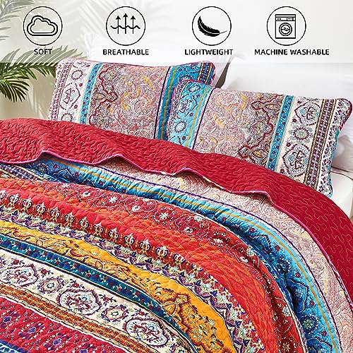 WONGS BEDDING Boho Quilt Set King Size, Bohemian Red Christmas Stripe 3 Pieces Bedspread Set Lightweight Microfiber All Season Christmas Bedding Coverlet Set for King Bed (104"x90") WONGS BEDDING