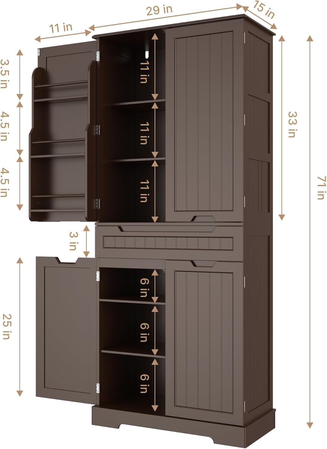 Gizoon 71" Kitchen Storage Cabinet with Doors and Shelves Large Pantry Storage Cabinet Freestanding Bathroom Cabinet with Drawer for Dining Room Craft Room, Dark Brown Gizoon