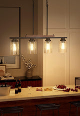 Amico Dining Room Light Fixture 4-Light Kitchen Island Lighting with Adjustable Rods, Farmhouse Decor Black Metal & Wood Chandelier with Seeded Glass Shade, Island Lights for Kitchen Amico