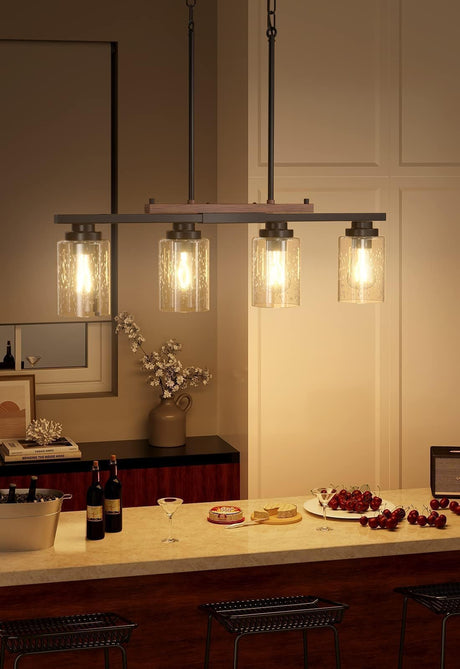 Amico Dining Room Light Fixture 4-Light Kitchen Island Lighting with Adjustable Rods, Farmhouse Decor Black Metal & Wood Chandelier with Seeded Glass Shade, Island Lights for Kitchen Amico