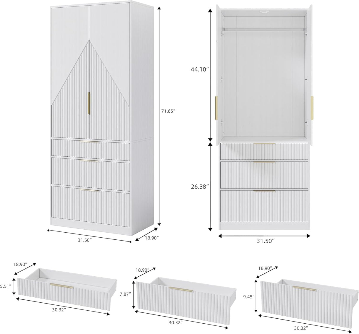 71.7" Wardrobe Armoire Wooden Closet with 2 Doors and 3 Drawers, Bedroom Armoire with Hanging Rod Shelf, Large Capacity Storage Wardrobe Armoire, Freestanding Wooden Closet Storage Cabinet White TOKSOM
