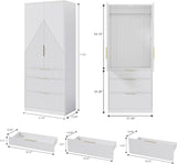 71.7" Wardrobe Armoire Wooden Closet with 2 Doors and 3 Drawers, Bedroom Armoire with Hanging Rod Shelf, Large Capacity Storage Wardrobe Armoire, Freestanding Wooden Closet Storage Cabinet White TOKSOM