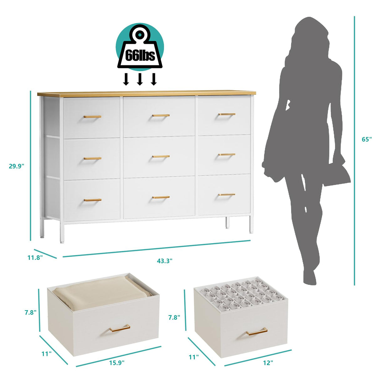 VASICAR Wide TV Stand Modern TV Console, 9 Drawers Dresser for Bedroom, Fabric Storage Cabinet, Chest of Drawers for Closet, Nursery, Living Room（White） VASICAR