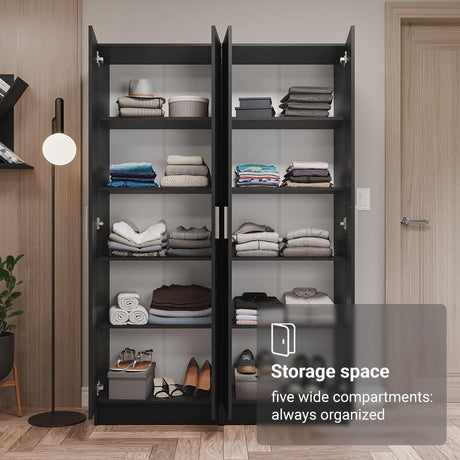 Madesa Wardrobe Armoire Closet Pantry Storage Cabinet with 4 Doors and 10 Utility Shelves 47" L Wooden Organization Unit for Bedroom, Office, Laundry Room, Kitchen, and Garage (Black) Madesa