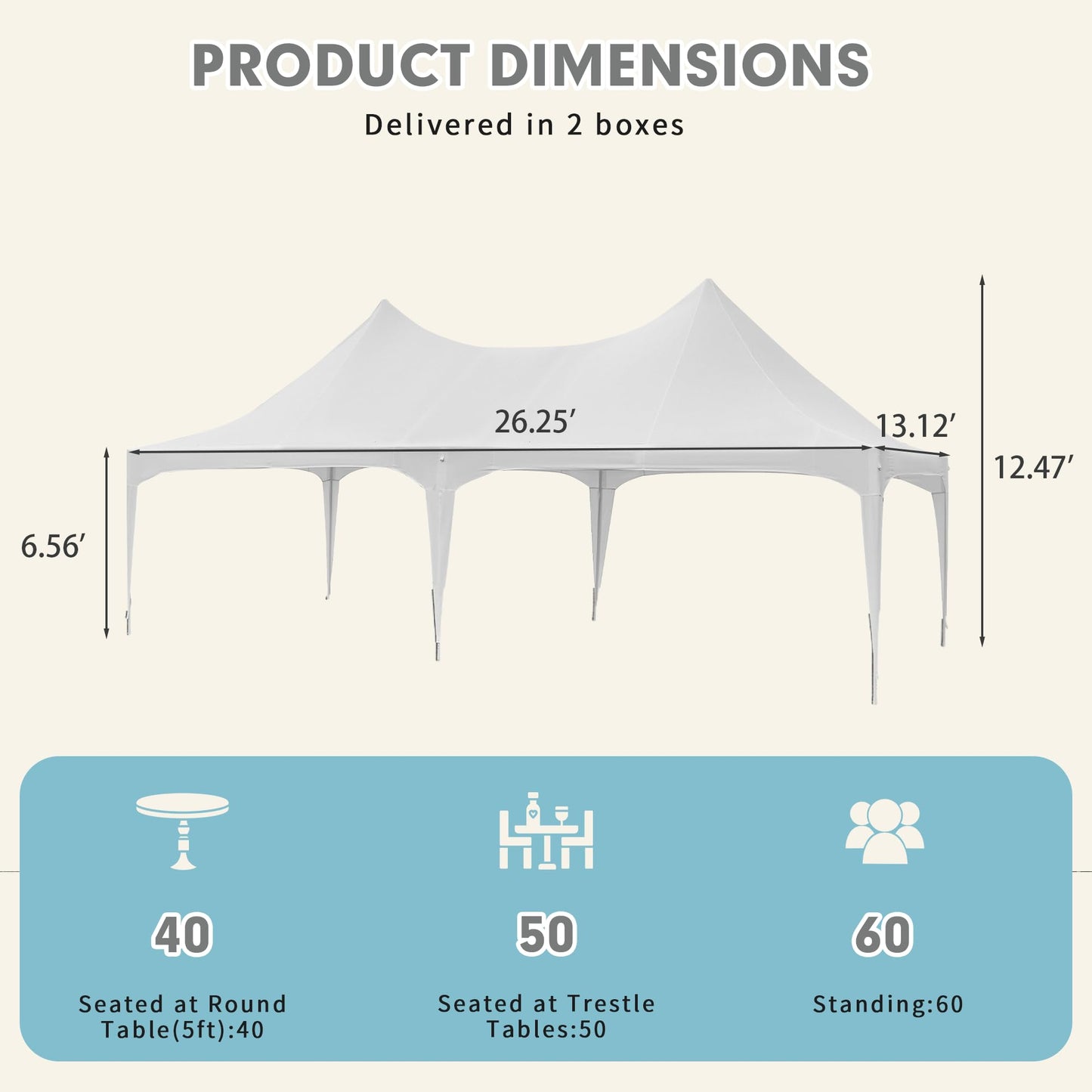 EROMMY 26'x13' Party Tent, White Wedding Tent, Heavy Duty Double Peaked Canopy Tent with Pole-Less Event Space, 60 Person Capacity Outdoor Gazebo Pavilion Shelter Tent for Party, Event