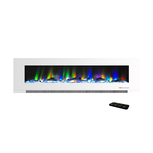 Cambridge 60 Inch Wall Mount Electric Fireplace Heater with Remote Control, Multicolor Flames, and Driftwood Log Display for Indoor Use in Living Room, Bedroom, Home Office, White