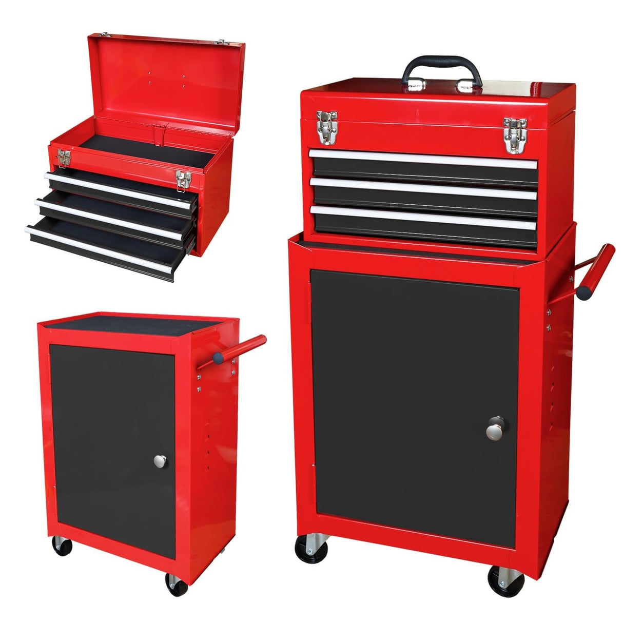 BIG RED ATBD134R-RB-4 Torin Rolling Garage Workshop Tool Organizer: Detachable 3 Drawer Tool Chest with Large Storage Cabinet and Adjustable Shelf, Red/Black BIG RED