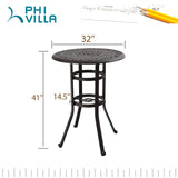 PHI VILLA 32" Cast Aluminum Patio Bar Table, 41" Height High Top Outdoor Table, Pub Height Bistro Round Table for Paito Lawn Garden, Brown PHI VILLA