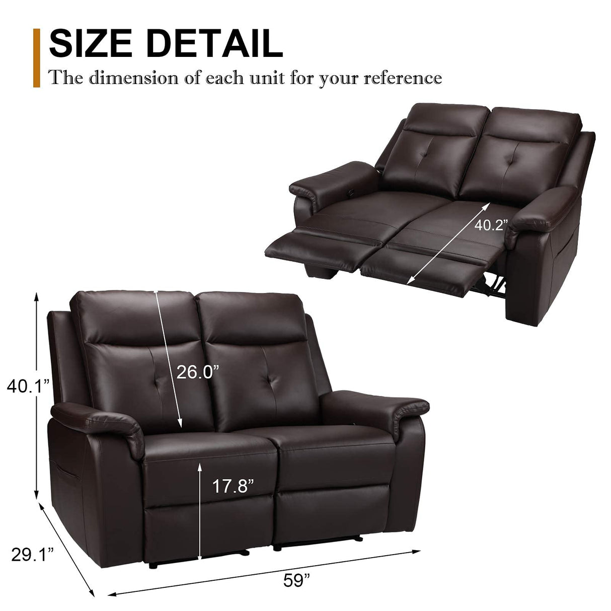 VUYUYU 2 Seater Recliner Sofa - Double Reclining Loveseat with Massage & Heating - PU Leather Home Theater Seating Manual Recliner Motion Living Room Chair (Brown) VUYUYU