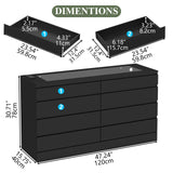 Gyfimoie 8 Drawer Dresser with Power Outlet, White Dresser for Bedroom Chest of Drawer with Glass Top & LED Light, Modern Double Wide Drawer Organizer Cabinet for Living Room (Black) Gyfimoie