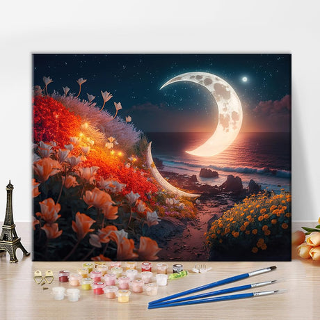 TUMOVO Moon Paint by Numbers, Moon and Flowers on The Beach at Night Paint by Number for Adult, Flowers Paint by Number Kits on Canvas for Home Wall Decoration, 16"x20" TUMOVO