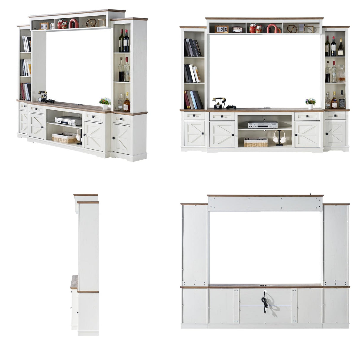 AMERLIFE 98in Farmhouse Wall Unit TV Stand with Bookshelves, Wine Cabinet, Fits 78" TVs, Large Entertainment Center with Power Outlets & Barn Door, Rustic Media Console for Living Room, White AMERLIFE