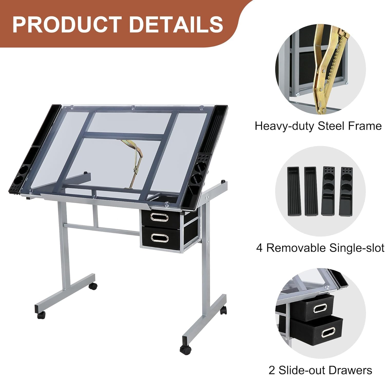 Oteymart Adjustable Drafting Table with Glass Tabletop, Art Desk and Craft Work Station, Includes 2 Slide Drawers and Wheels for Home Office, Ideal for Reading, Writing, and Painting - WoodArtSupply