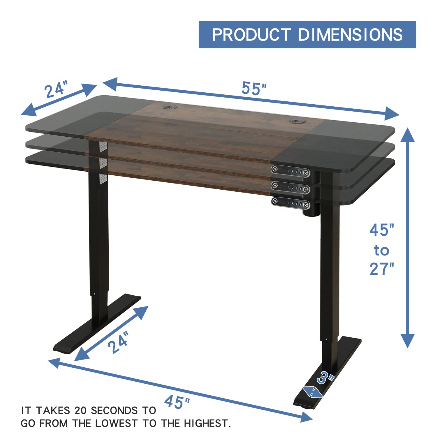 Jceet Adjustable Height Electric Standing Desk, 55 x 24 Inch Sit Stand Computer Desk with Lockable Casters, Stand Up Desk Table for Home Office, Black Frame/Rustic Brown + Black Top - WoodArtSupply