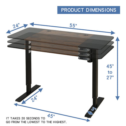 Jceet Adjustable Height Electric Standing Desk, 55 x 24 Inch Sit Stand Computer Desk with Lockable Casters, Stand Up Desk Table for Home Office, Black Frame/Rustic Brown + Black Top - WoodArtSupply